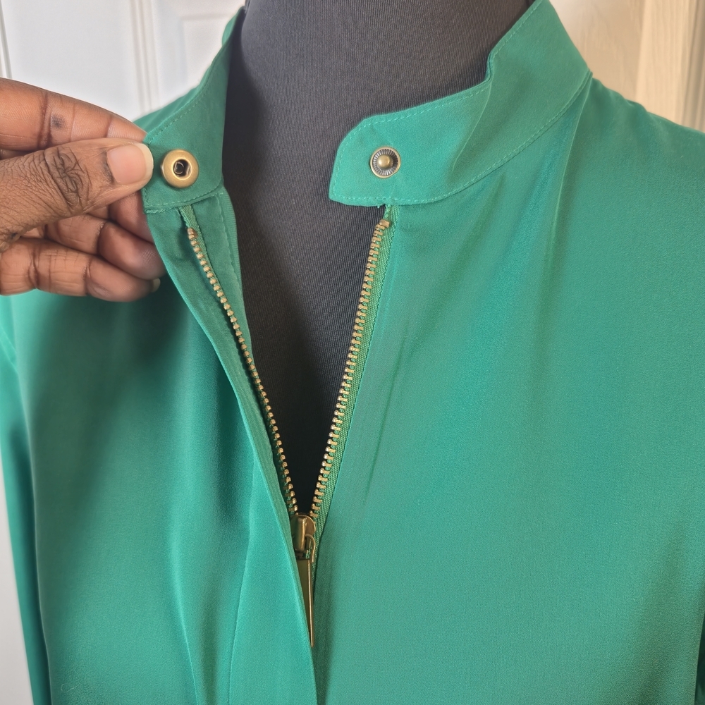 Lauren Ralph Lauren Emerald Green Satin Blouse Band Collar Half Zip Officecore L - Picture 6 of 9